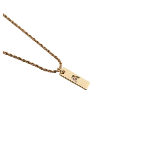 Initial Letter Pendant Necklace Rectangular Copper Bar Colorful Cubic Zirconia Stainless Steel Rope Chain Fashion