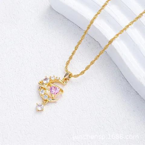 Titanstahl Rosa Zirkonia Herz Mond Anhänger Halskette Leichter Luxus Süß Planet Stern Eingelegt Schlüsselbeinkette Damen Schmuck