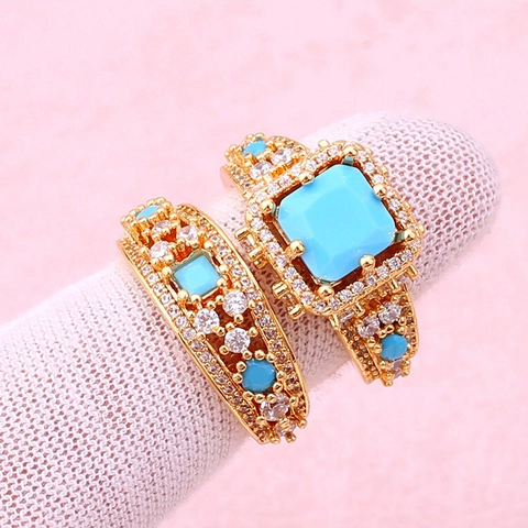 Anillos de Cobre Chapados en Oro Vintage para Mujer Micro Pavé de Circonia Anillos Ajustables Abiertos Étnicos Rojo Turquesa Joyería