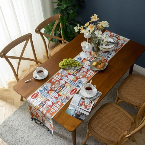 Fish Leaf Pattern Table Runner Jacquard Fabric With Bead Tassel Home Kitchen Dining Decor American Style