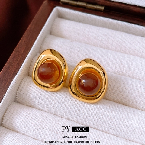 Vintage Stud Earrings Irregular Round Gold Alloy Reddish Brown Resin Stone And Silver Earring Post Maillard Style Women