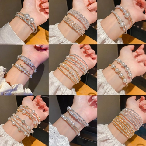 French Style Multi Layer Artificial Pearl Rhinestone Open Cuff Bracelet For Women Elegant Luxury Wedding Party Jewelry Accessory