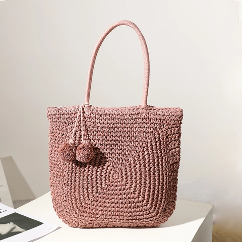 Bolso Tote De Paja Tejida Para Mujer Con Pompones Gran Capacidad Vacaciones Playa Bolso De Hombro Estilo Verano