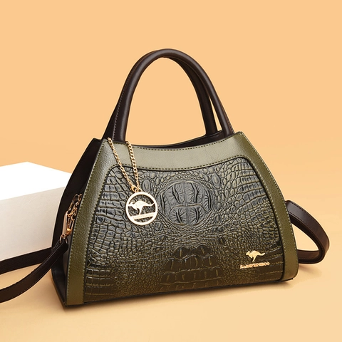 Sac À Main Femme Rétro Motif Crocodile Cuir PU Élégant Sac À Épaule Bandoulière Doubles Poignées Bijoux Dorés Charme Métallique