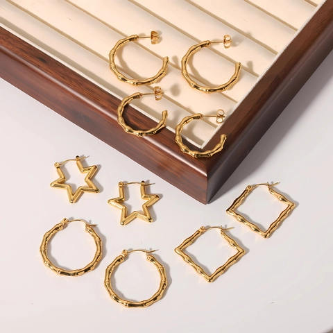 Bamboo Texture Hoop Earrings Stainless Steel 18K Gold Plated Irregular Geometric Fashion Jewelry Women Men