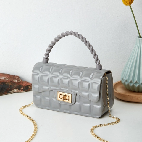 Quilted Jelly Crossbody Bag PVC Diamond Lattice Small Square Handbag With Twisted Handle Metal Chain Strap For Women