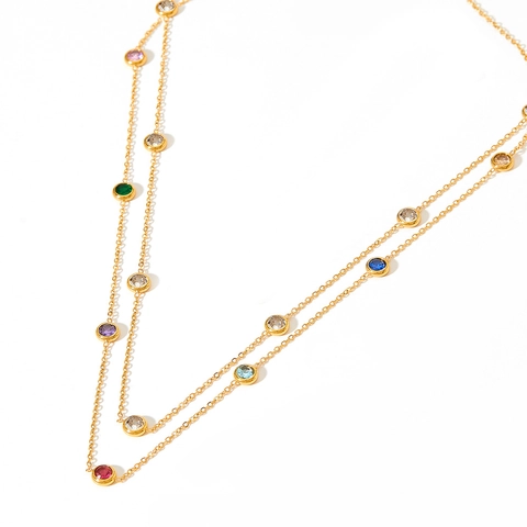 Collier Élégant Avec Zircon Rond Acier Inoxydable Bijoux Pierre Précieuse Colorée Pour Femmes Filles Style Minimaliste