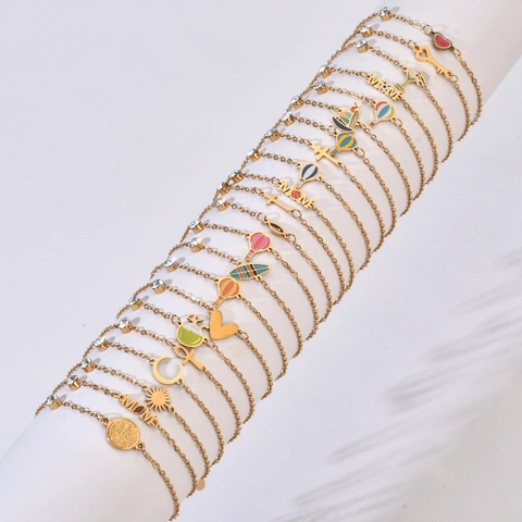 Minimalist Stainless Steel Gold Plated Hot Air Balloon Heart Cross Charm Bracelet For Women Dainty Enamel Rhinestone Jewelry Gift For Mom