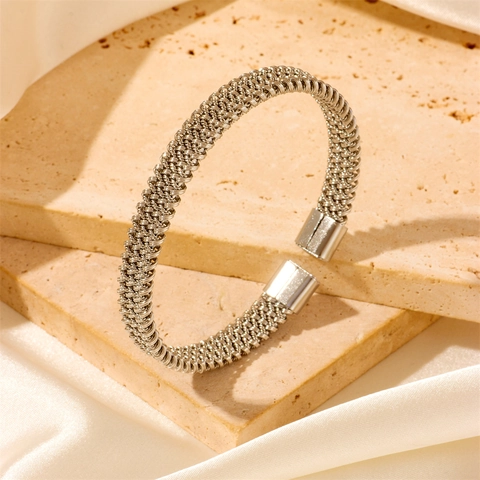Woven Mesh Bangle Stainless Steel Open Cuff C-Shaped Adjustable Minimalist Geometric Jewelry For Women Men Simple