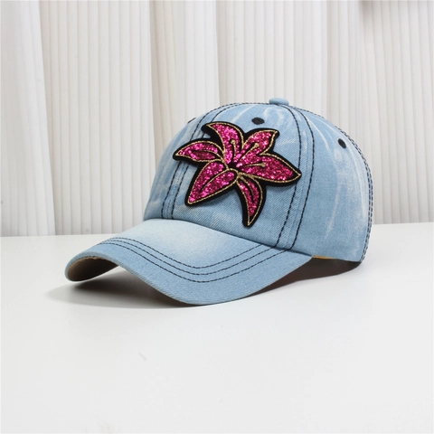 Women Denim Baseball Cap Sequin Butterfly Flower Crown Rhinestone Distressed Cotton Washed Adjustable Fashion Sun Hat