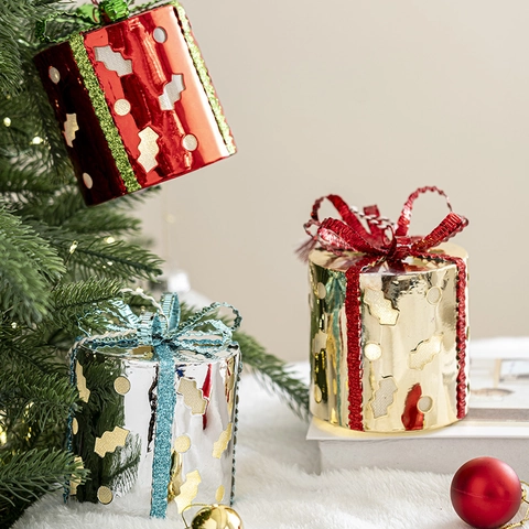 Led Glowing Christmas Gift Box Ornaments Hollow Out Iron Giftbox Hanging Hanging For Christmas Tree Desktop Decor