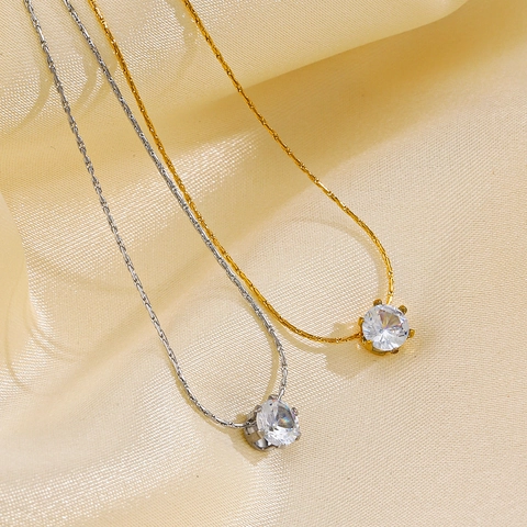 Elegante Collana Con Pendente Da Donna In Acciaio Inossidabile Zirconia Cubica Pietra Rotonda Gioielli Di Lusso Minimalisti