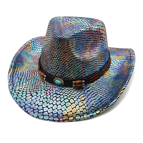 Women Metallic Snake Skin Cowboy Hat Wide Brim Phantom Laser Polyester For Halloween Party With Faux Turquoise Beads