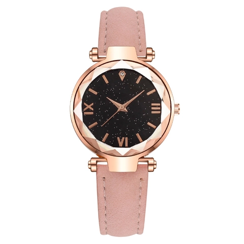 Montre À Quartz Pour Femmes Cadran Ciel Étoilé Boîtier En Alliage Or Rose Verre Géométrique Bracelet En Cuir Mode Chiffres Romains