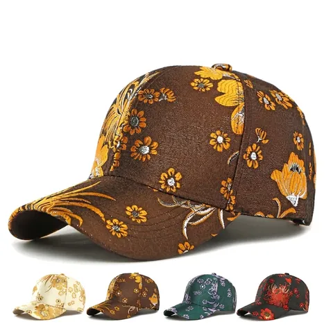 Women Floral Embroidery Baseball Cap Retro Ethnic Jacquard Satin Sun Hat Adjustable Curved Brim Premium Fashion