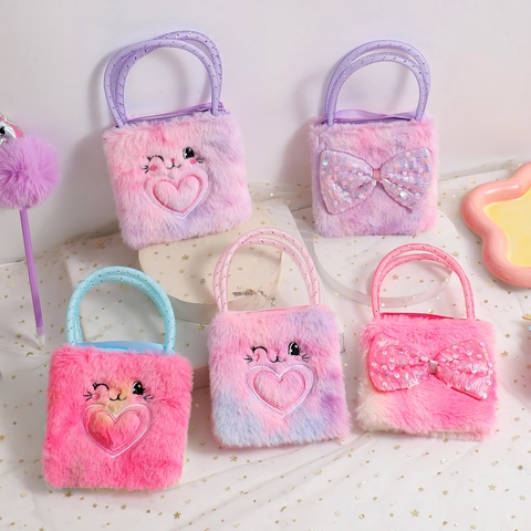 Sac Bandoulière En Peluche Pour Enfants Broderie Chat Lapin Nœud À Paillettes Petit Sac À Main Filles