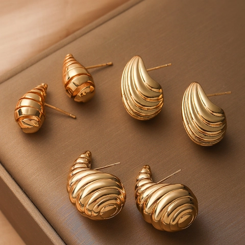 Gold Plated Copper Stud Earrings Spiral Texture Conch Shell Water Drop Retro Niche Jewelry With Copper Earring Post