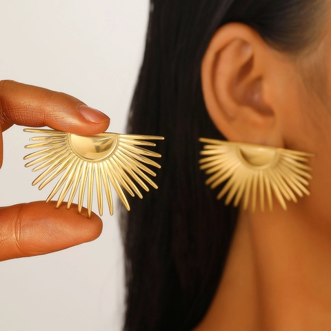 Geometric Stainless Steel Stud Earrings For Women 18K Gold Plated Minimalist Square Rectangle Sunburst Fashion Jewelry