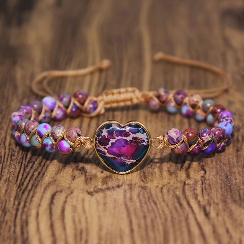 Bohemian Handmade Woven Natural Stone Beaded Bracelet With Heart Shaped Emperor Stone Pendant Vintage Ethnic Jewelry For Women Men