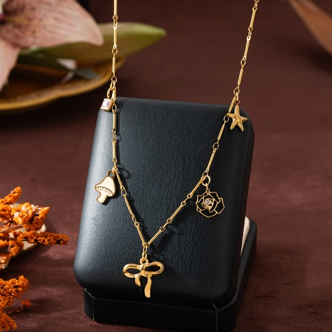 Collier Chaîne Trombone En Acier Inoxydable Avec Pendentifs Champignon Nœud Étoile De Mer Zircon Plaqué Or 18K Femmes