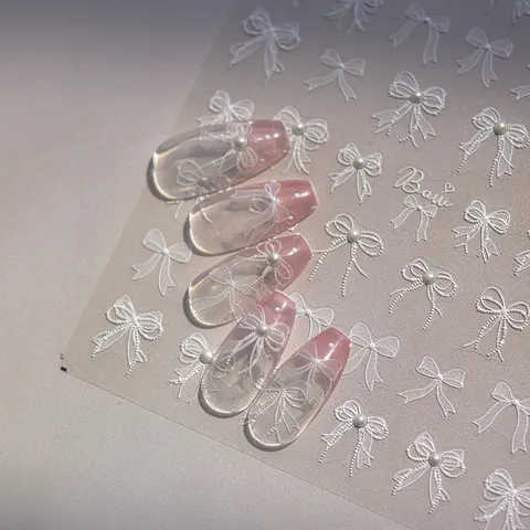 Adesivi Per Unghie Rilievo 3D Fiocco Bianco Con Perla Artificial Sintetica Pizzo Design Decorazione Manicure Fai Da Te Per Donne Stile Retrò