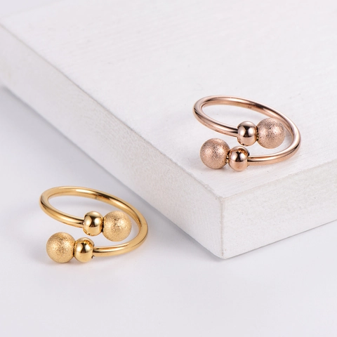 Adjustable Open Ring 304 Stainless Steel Geometric Frosted And Polished Double Beads Fashion Jewelry For Women