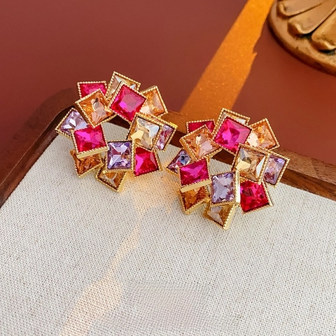 Colorful Rhinestone Flower Stud Earrings French Vintage Geometric Jewelry Gift For Women With Silver Earring Post