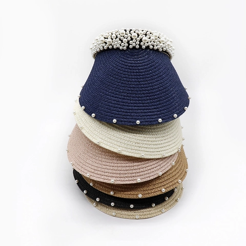 Women Pearl Woven Paper Straw Sun Visor Hat Open Top Summer Beach UV Protection Elegant Headband Style Straw Hat