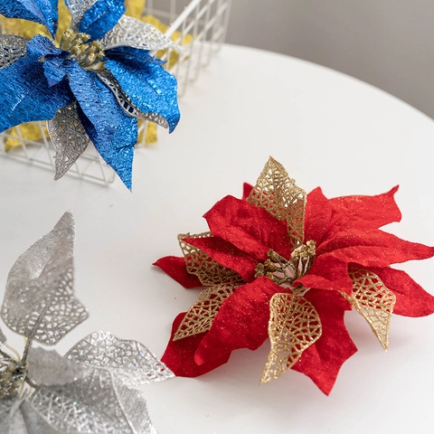 Artificial Poinsettia Christmas Flowers Glitter Shimmer Fabric Plastic Mesh Floral Ornaments For Xmas Tree Wreath Garland