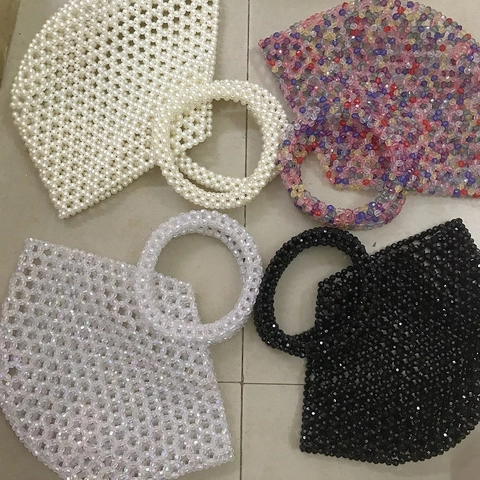 Beaded Handtasche Handgefertigt Acryl Gewebt Korb Hohle Runde Griff Vintage Lässige Tragetasche Für Frauen