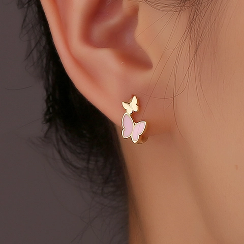 Boucles D'oreilles Créoles Papillon Avec Tige En Argent Sterling 925 Émail Rose Plaqué Or Pour Femmes