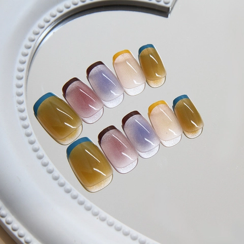 Short Square Kids Press On Nails ABS Plastic Colorful Candy French Cat Eye Detachable False Nails