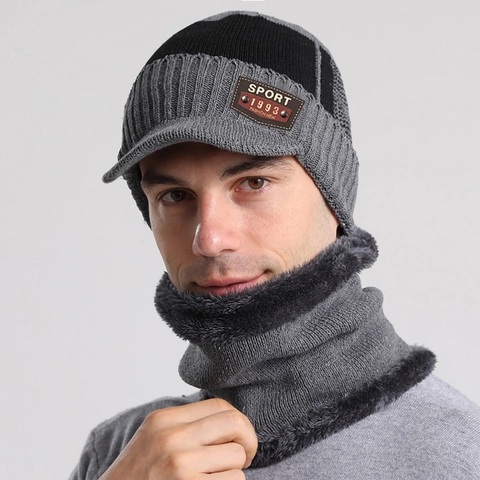 Winter Gebreide Beanie Met Klep En Nekwarmer Fleece Gevoerd Warm Verdikt Winddicht Outdoor Patchwork Sportief Voor Heren Dames