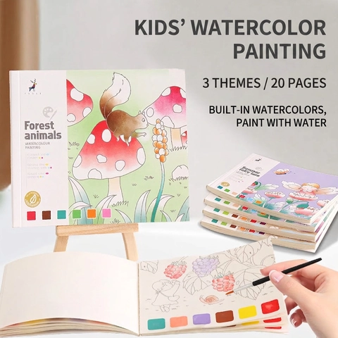 Pocket Watercolor Painting Book Portable Paper Coloring Book For Kids With Built In Solid Paint And Brush Cartoon Art