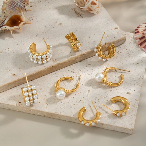 Kunstparels Hoop Oorbellen Roestvrij Staal 18K Verguld C-Vorm Geometrische Mode-Sieraden Voor Dames