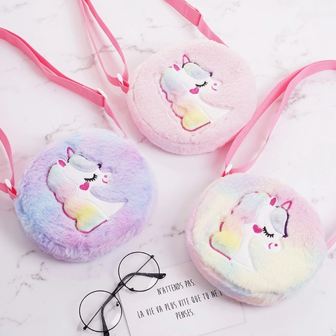Cute Unicorn Plush Crossbody Bag For Girls Soft Faux Fur Rainbow Gradient Shoulder Purse Round Small Handbag Gift