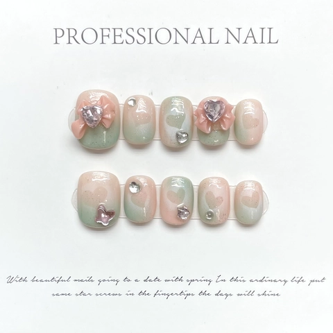 Handmade Press On Nails Pink Green Gradient 3D Bow Heart Rhinestone Sweet Short Glossy Manicure Decorative