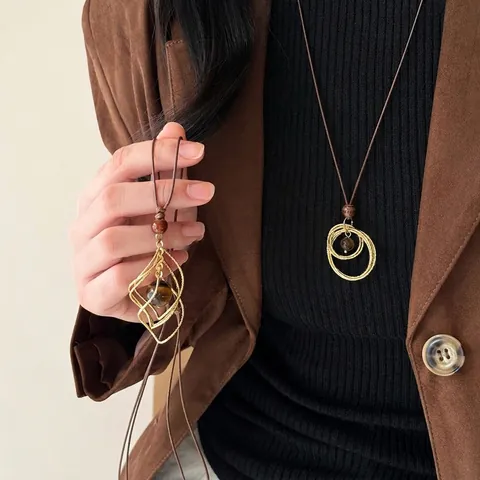 Collier Long Pendentif Vintage Alliage Plaqué Or Pierre Oeil De Tigre Géométrique Cercle Losange Chaîne Pull
