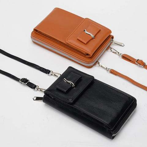 Women Crossbody Phone Bag PU Leather Lychee Pattern Zippered Wallet With Card Slots Small Shoulder Bag Solid Color Casual