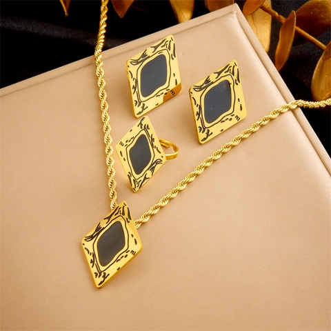 Rhombus Halskette Ohrringe Und Ring Schmuck Edelstahl Vergoldet Schwarz Emaille Geometrische Torsionskette Für Damen