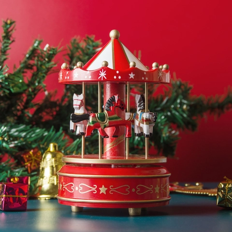 Carousel Music Box Rotating Mechanical Wind Up Wooden Plastic Classic Retro Style Desktop Ornament For Christmas Birthday Gift