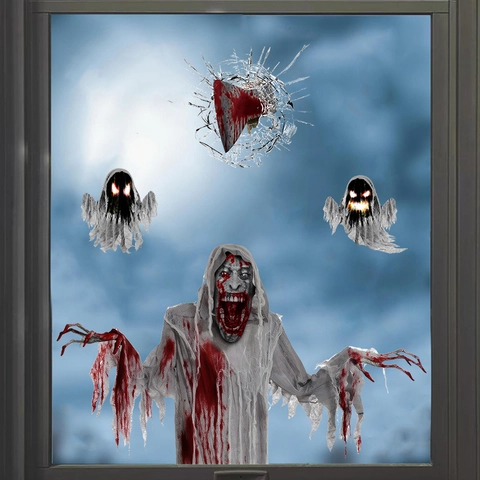 Halloween Window Stickers Horror Zombie Ghost Bloody Handprint Axe Static Cling PVC Decals Party Decor Creepy Atmosphere