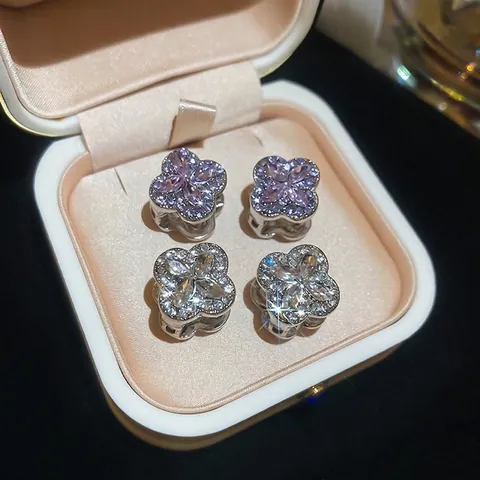 Boucles D'oreilles Créoles Trèfle À Quatre Feuilles En Alliage Zircon Pour Femmes Avec Tige En Argent Bijoux Élégants Double Face