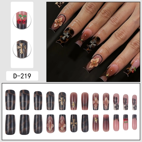 Press On Nails Long Square Leopard Print Vintage Floral Metal Cross 3D Cherry Rhinestone Retro Brown Spicy Girl Style