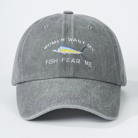 Washed Cotton Baseball Cap Vintage Distressed Fish Fear Me Stickerei Verstellbarer Sonnenhut Retro Unisex Kopfbedeckung