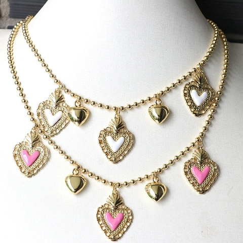 Heart Pendant Necklace Copper Gold Plated Enamel Bead Chain Baroque Retro Sweet Jewelry For Women Fashion Accessory