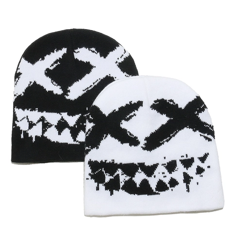 Hip Hop Beanie Mütze Acryl Strickmütze Graffiti Smile Face X Augen Streetwear Winter Warm Outdoor Unisex Rippbündchen