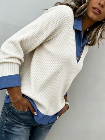 Top De Punto Falsos Dos Piezas Para Mujer Acanalado Manga Larga Cuello En V Patchwork Denim Suéter Informal