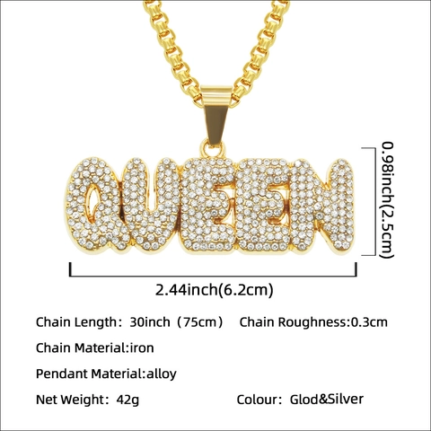 Collier Pendentif Lettre QUEEN Hip Hop Strass Iced Out Chaîne en Alliage Ton Or Argent Bijoux Streetwear Party Pour Homme