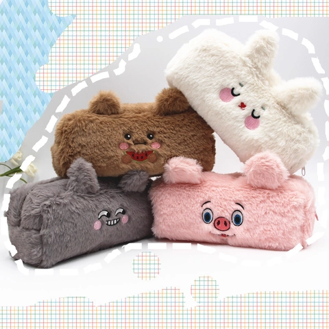 Trousse À Crayons En Peluche Animale Grande Capacité Pochette Fournitures Scolaires Douce Avec Fermeture Éclair Sac Cosmétique Étudiants